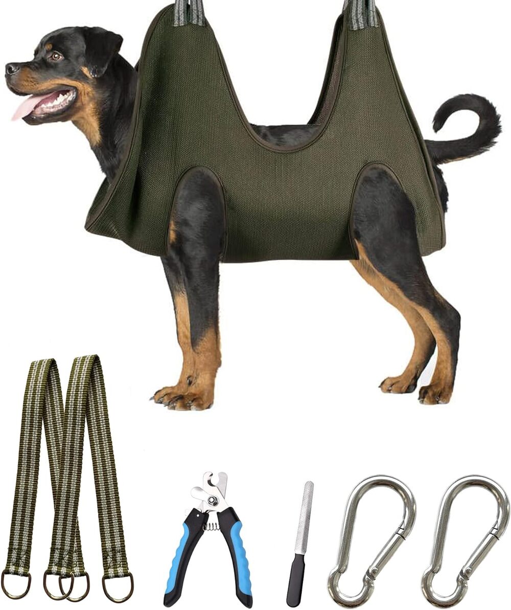 New XXL 10 in 1 Dog Grooming Hammock Harness with Nail Clippers Khaki Green
